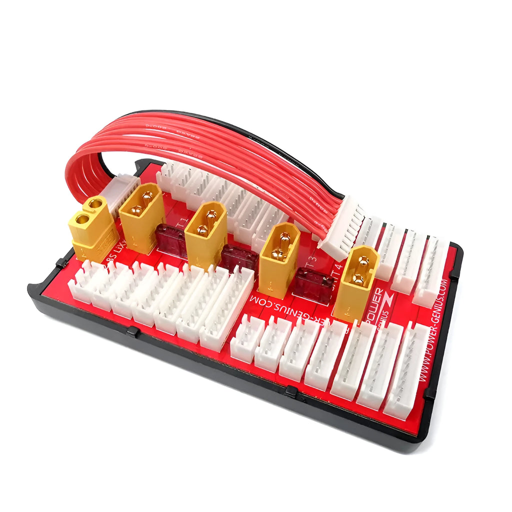 Parallel charging board with four sets of T plug and balance port connectors for RC batteries