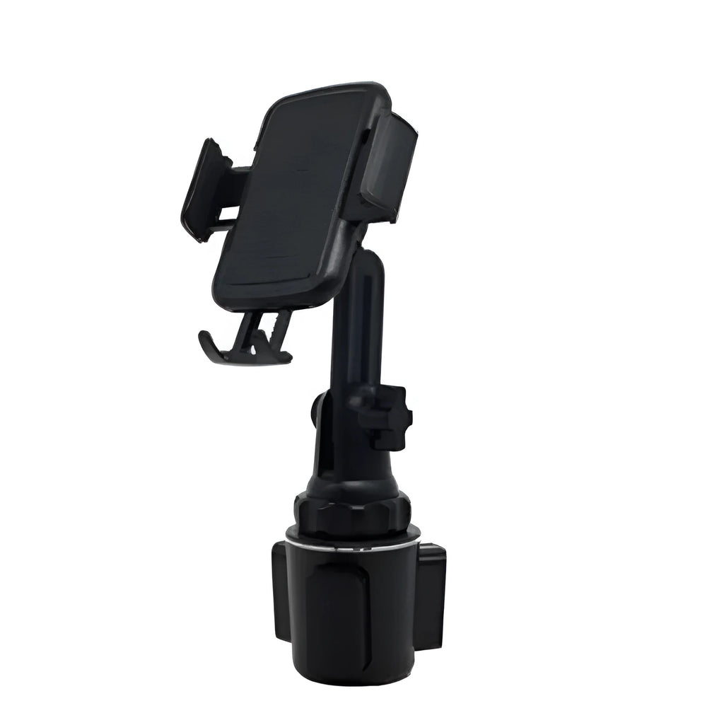 Black car phone holder with 360° rotating head and adjustable height mechanism