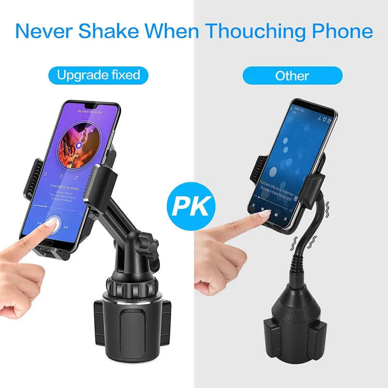 Black car phone holder with 360° rotating head and adjustable height mechanism