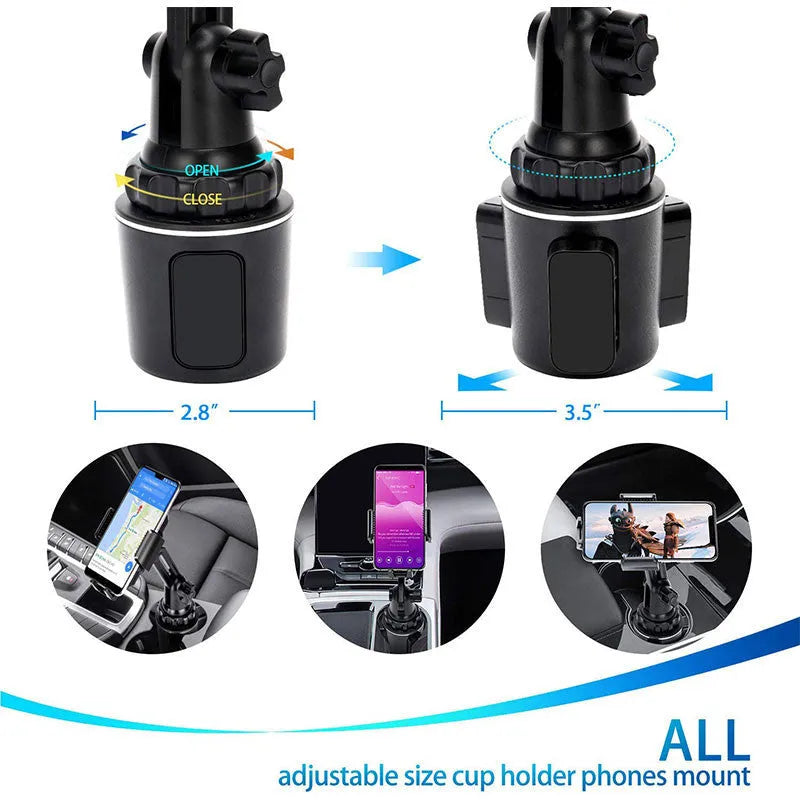 Black car phone holder with 360° rotating head and adjustable height mechanism
