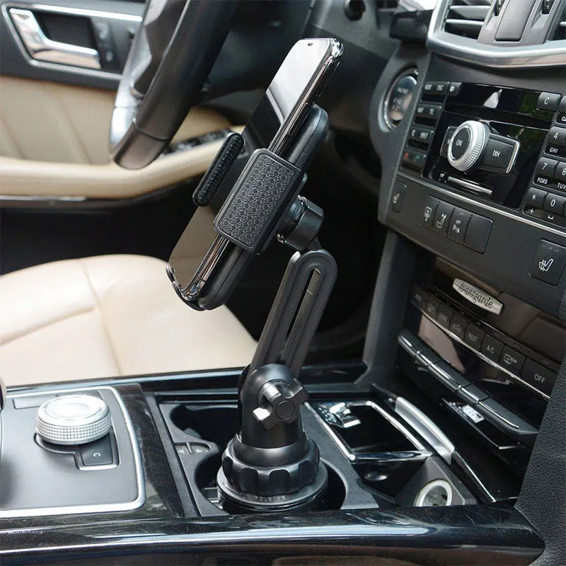 Black car phone holder with 360° rotating head and adjustable height mechanism
