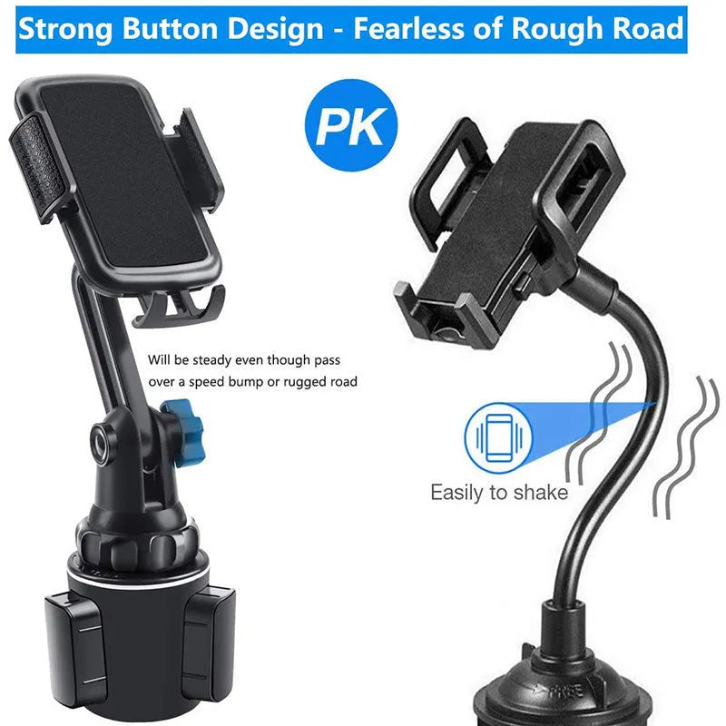 Black car phone holder with 360° rotating head and adjustable height mechanism