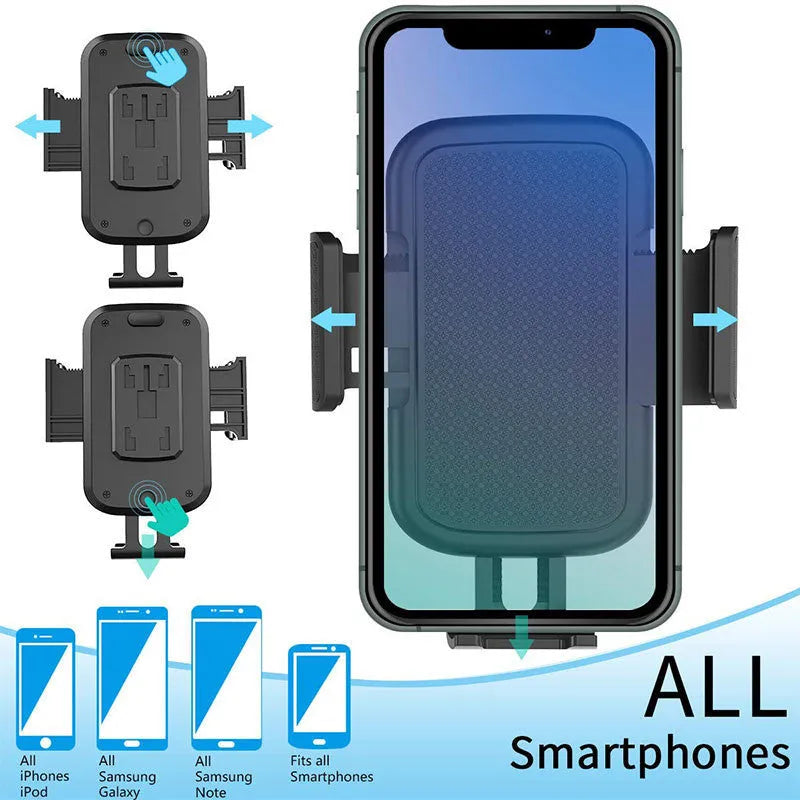 Black car phone holder with 360° rotating head and adjustable height mechanism