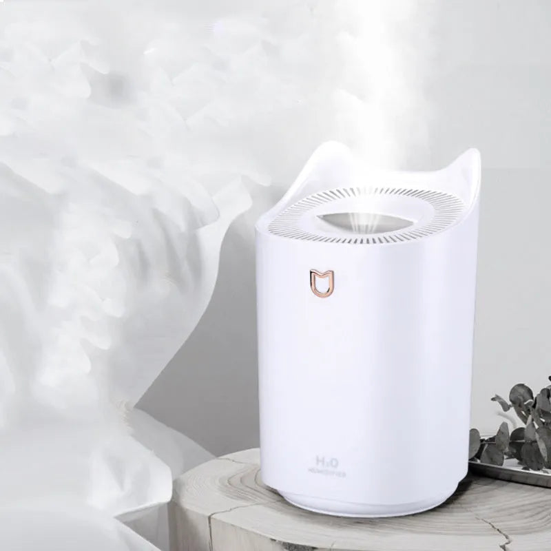 Coral Pink and Glacier White USB double spray humidifier with three mist outlets and large water tank.