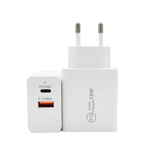 18W USB-C PD fast charger in black or white with US or EU plug for iPhone Samsung smartphones