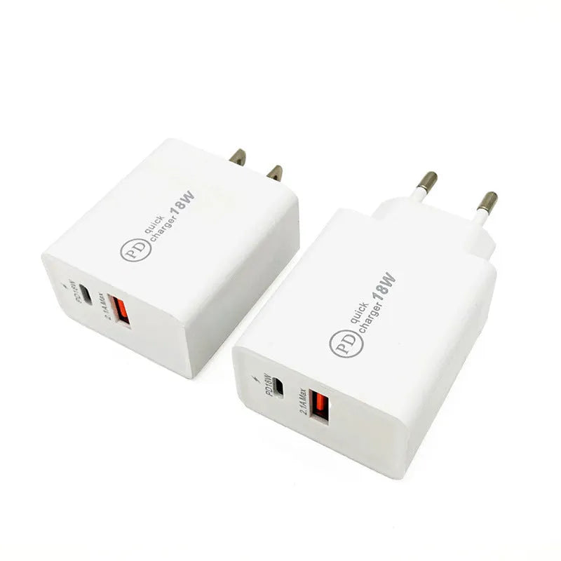 18W USB-C PD fast charger in black or white with US or EU plug for iPhone Samsung smartphones