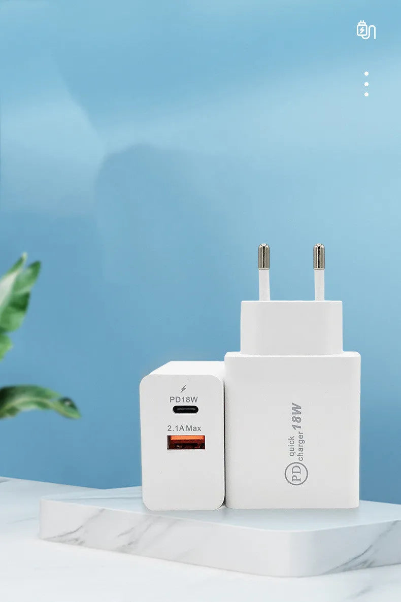 18W USB-C PD fast charger in black or white with US or EU plug for iPhone Samsung smartphones