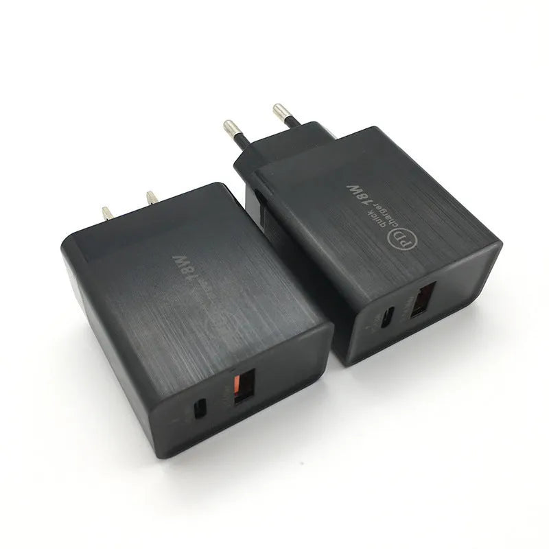 18W USB-C PD fast charger in black or white with US or EU plug for iPhone Samsung smartphones