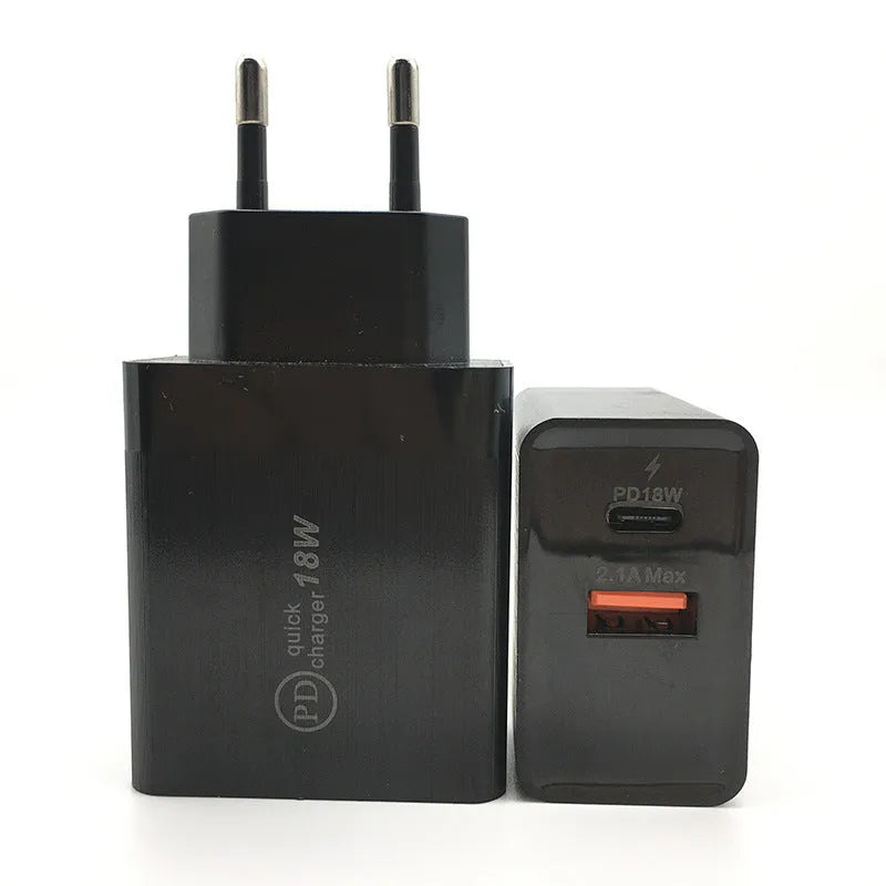 18W USB-C PD fast charger in black or white with US or EU plug for iPhone Samsung smartphones