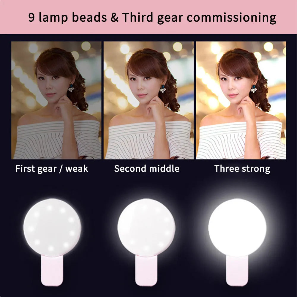 Small round clip-on LED fill light attached to a mobile phone, shown in four colour options.