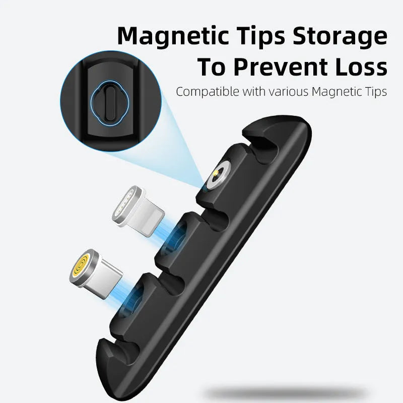 Black soft plastic magnetic charging base stand cable organiser for desktop use.