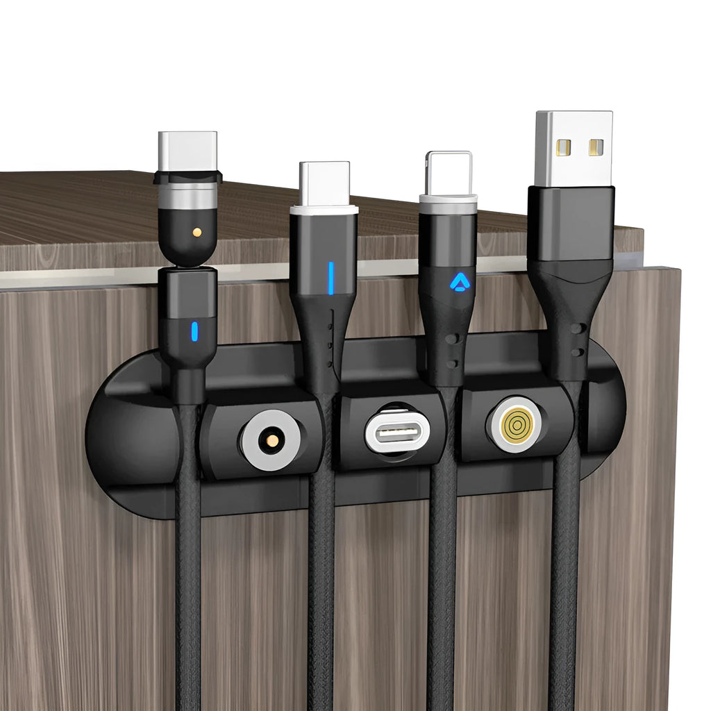 Black soft plastic magnetic charging base stand cable organiser for desktop use.