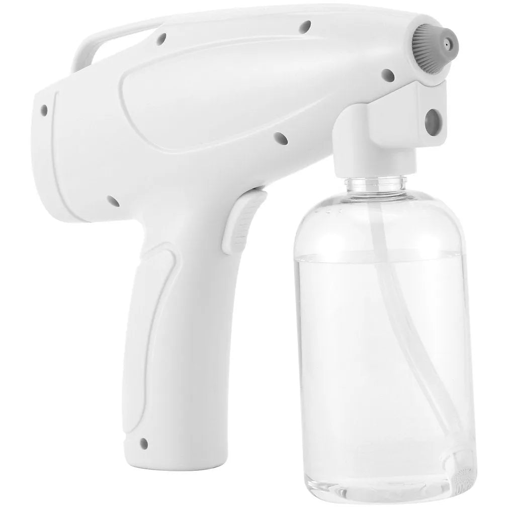 White handheld cordless electric disinfection spray gun with USB-C charging port.