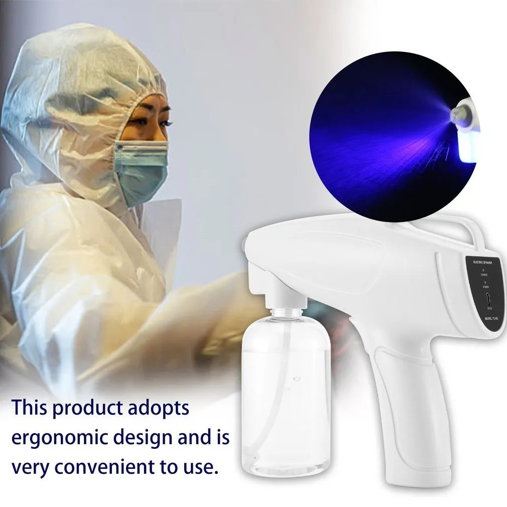 White handheld cordless electric disinfection spray gun with USB-C charging port.