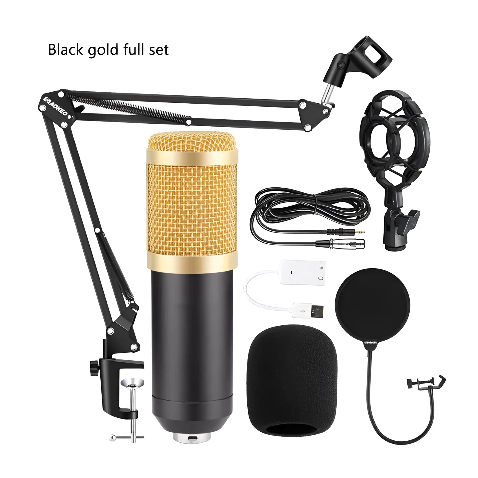 BM800 condenser microphone broadcast set with large diaphragm capsule, shock mount, pop filter, and bracket on packaging