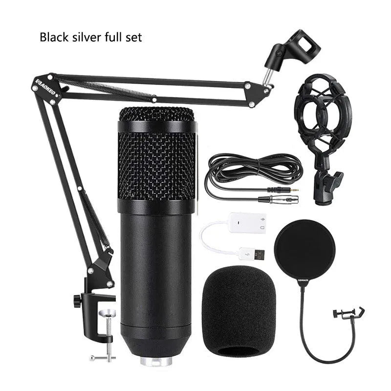 BM800 condenser microphone broadcast set with large diaphragm capsule, shock mount, pop filter, and bracket on packaging