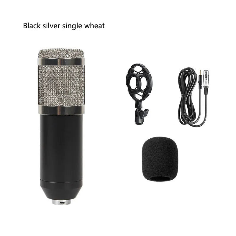 BM800 condenser microphone broadcast set with large diaphragm capsule, shock mount, pop filter, and bracket on packaging