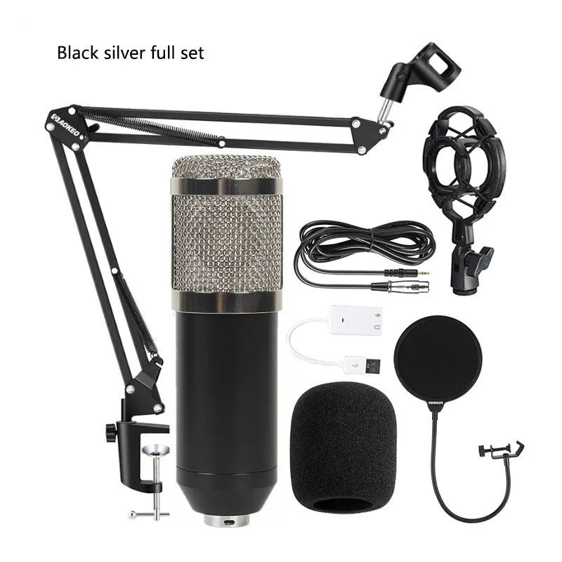 BM800 condenser microphone broadcast set with large diaphragm capsule, shock mount, pop filter, and bracket on packaging