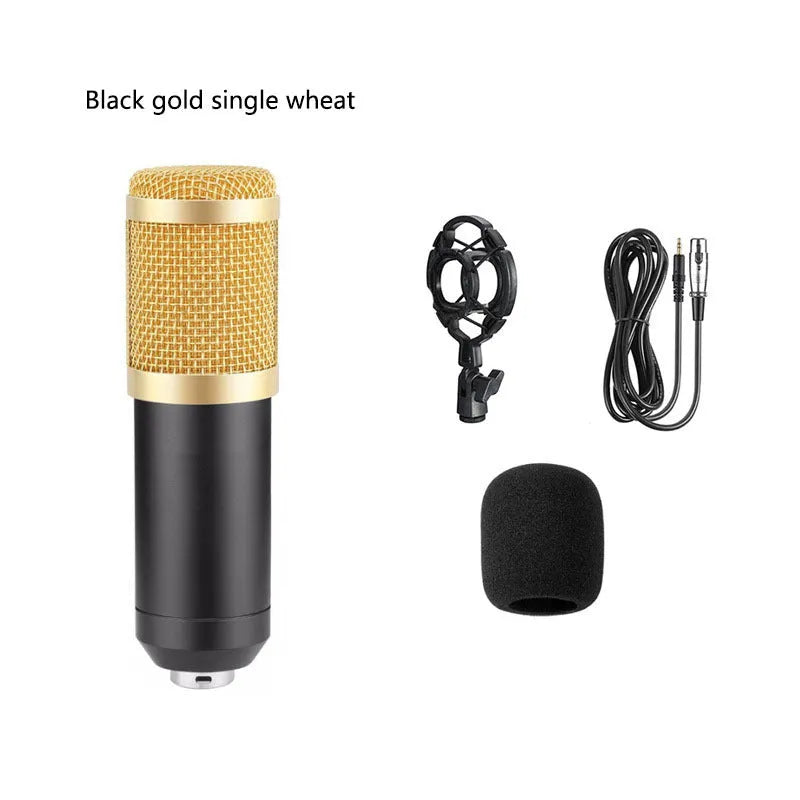 BM800 condenser microphone broadcast set with large diaphragm capsule, shock mount, pop filter, and bracket on packaging