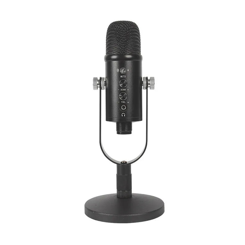 JIY BM-86PRO black USB condenser microphone on a metal stand with foam windscreen.