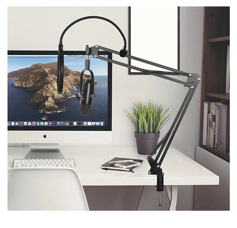 JIY BM-86PRO black USB condenser microphone on a metal stand with foam windscreen.
