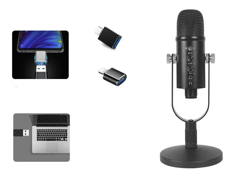 JIY BM-86PRO black USB condenser microphone on a metal stand with foam windscreen.