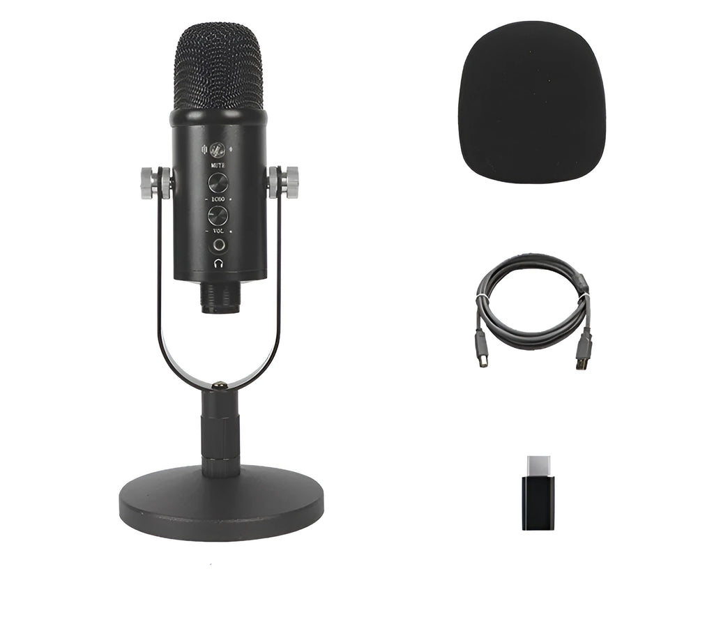 JIY BM-86PRO black USB condenser microphone on a metal stand with foam windscreen.