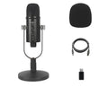 JIY BM-86PRO black USB condenser microphone on a metal stand with foam windscreen.