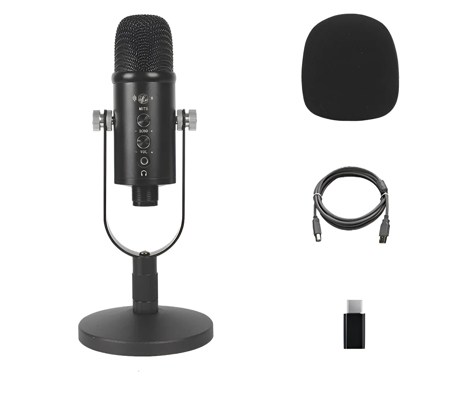 JIY BM-86PRO black USB condenser microphone on a metal stand with foam windscreen.