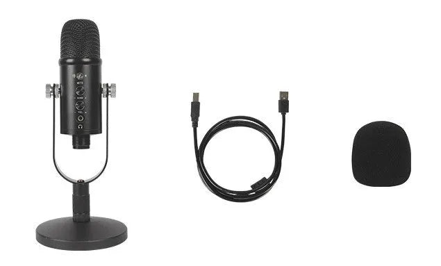 JIY BM-86PRO black USB condenser microphone on a metal stand with foam windscreen.