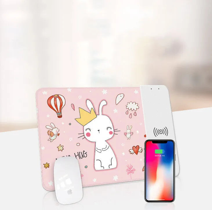 Wireless charging mouse pad with cartoon design, RGB lighting, and non-slip rubber base