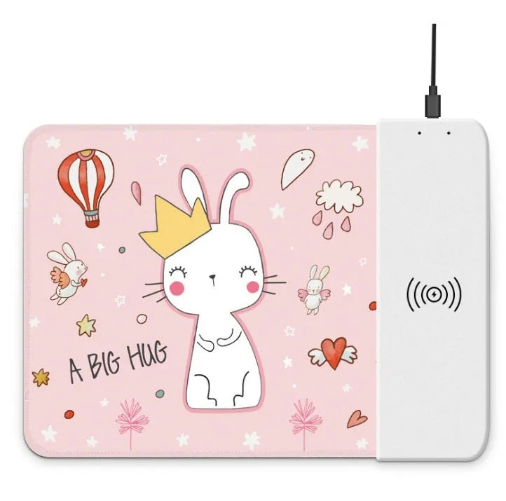 Wireless charging mouse pad with cartoon design, RGB lighting, and non-slip rubber base