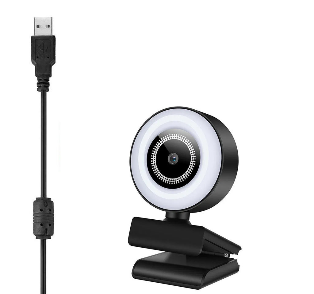 USB webcam with adjustable LED fill lights around lens and built-in microphone