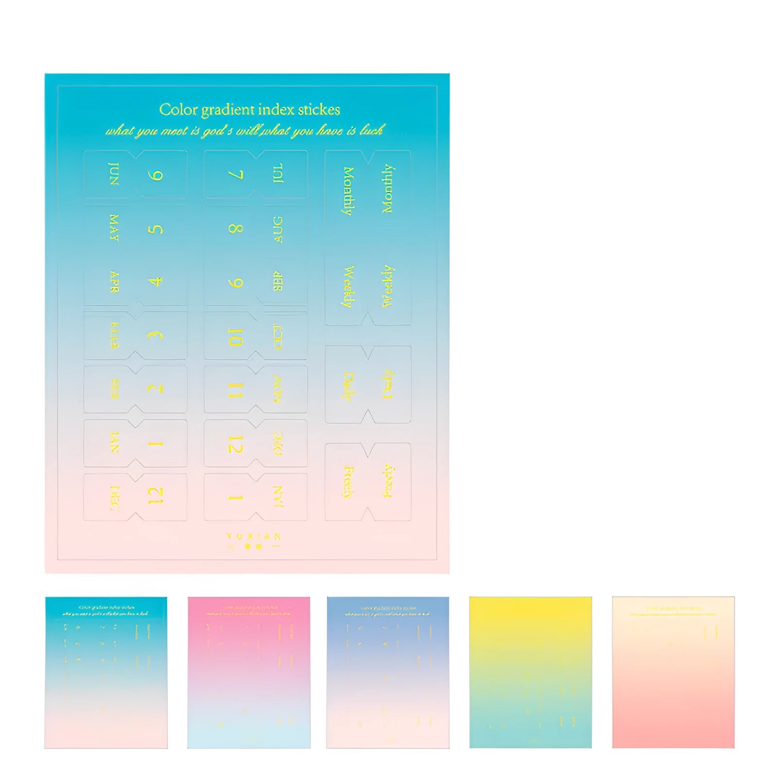 Ten sheets of Yunmu Groceries gradient Morandi label stickers in four colour options with bookmarks.