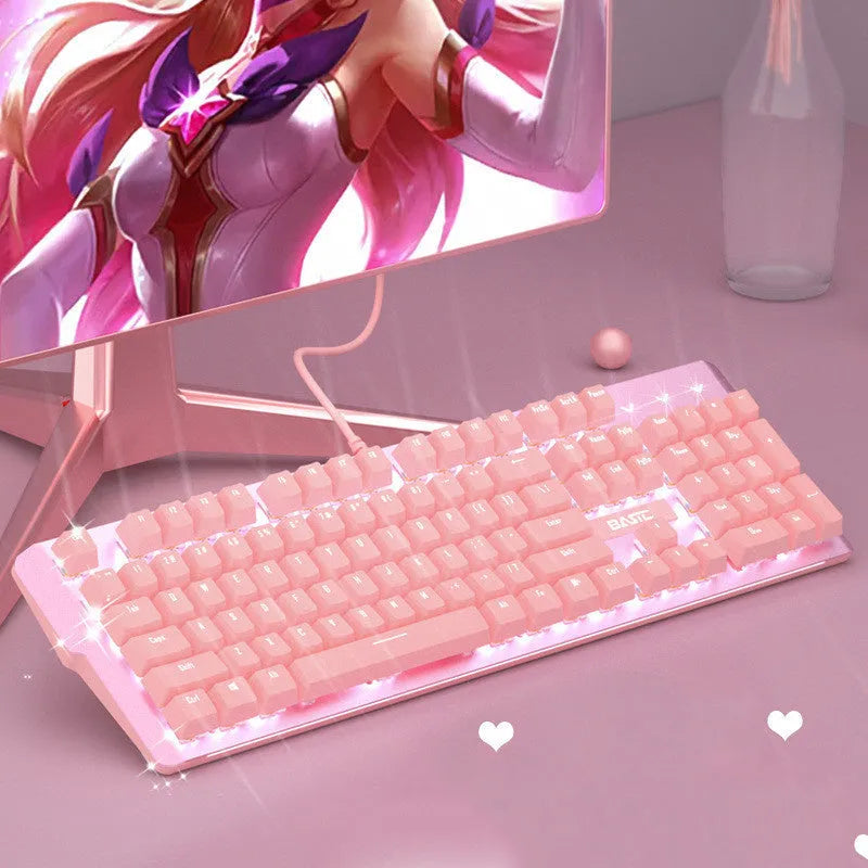 Pink wired mechanical keyboard and gaming mouse set on a desktop, showing green or red switch options.