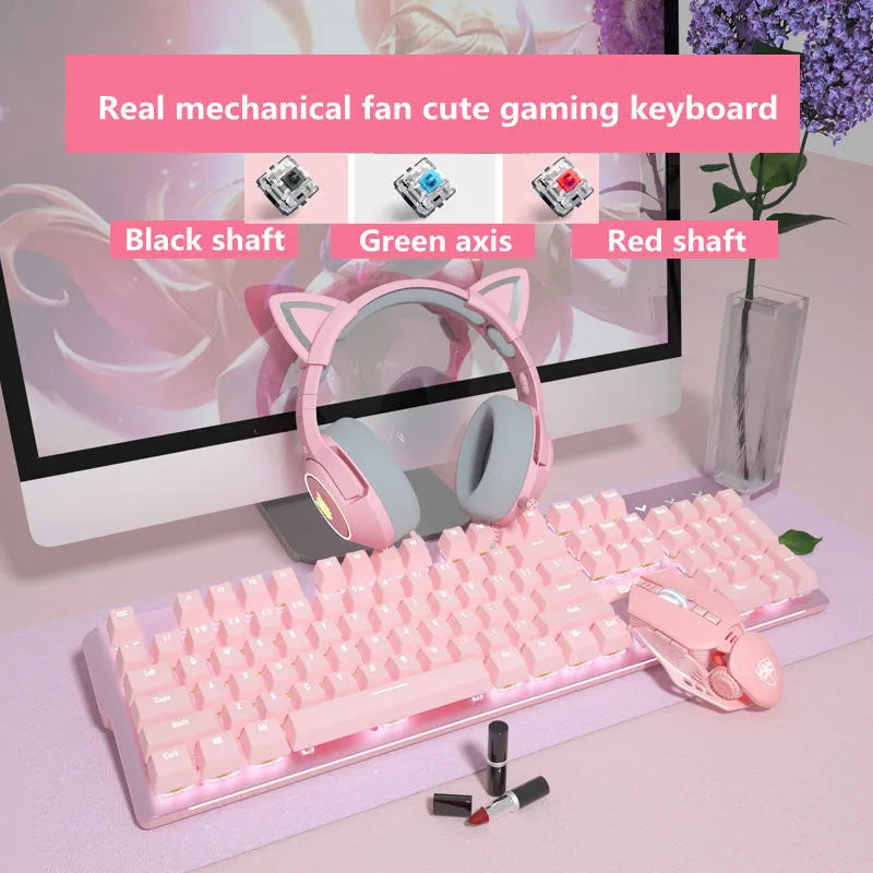 Pink wired mechanical keyboard and gaming mouse set on a desktop, showing green or red switch options.
