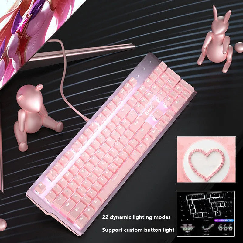 Pink wired mechanical keyboard and gaming mouse set on a desktop, showing green or red switch options.