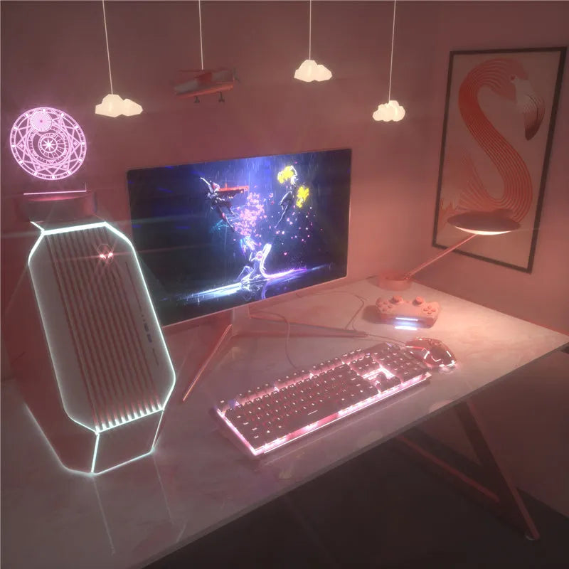 Pink wired mechanical keyboard and gaming mouse set on a desktop, showing green or red switch options.