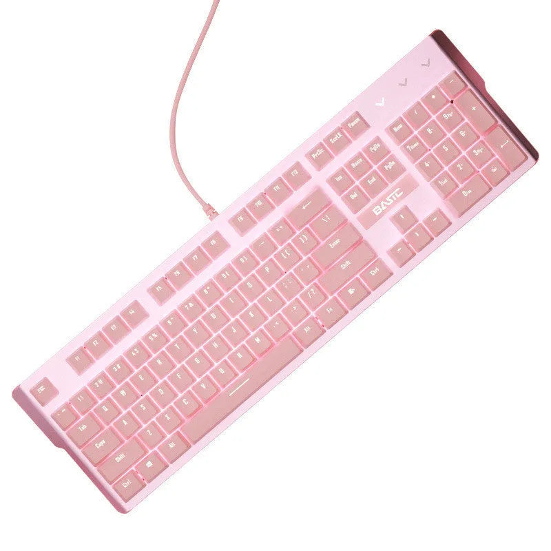 Pink wired mechanical keyboard and gaming mouse set on a desktop, showing green or red switch options.