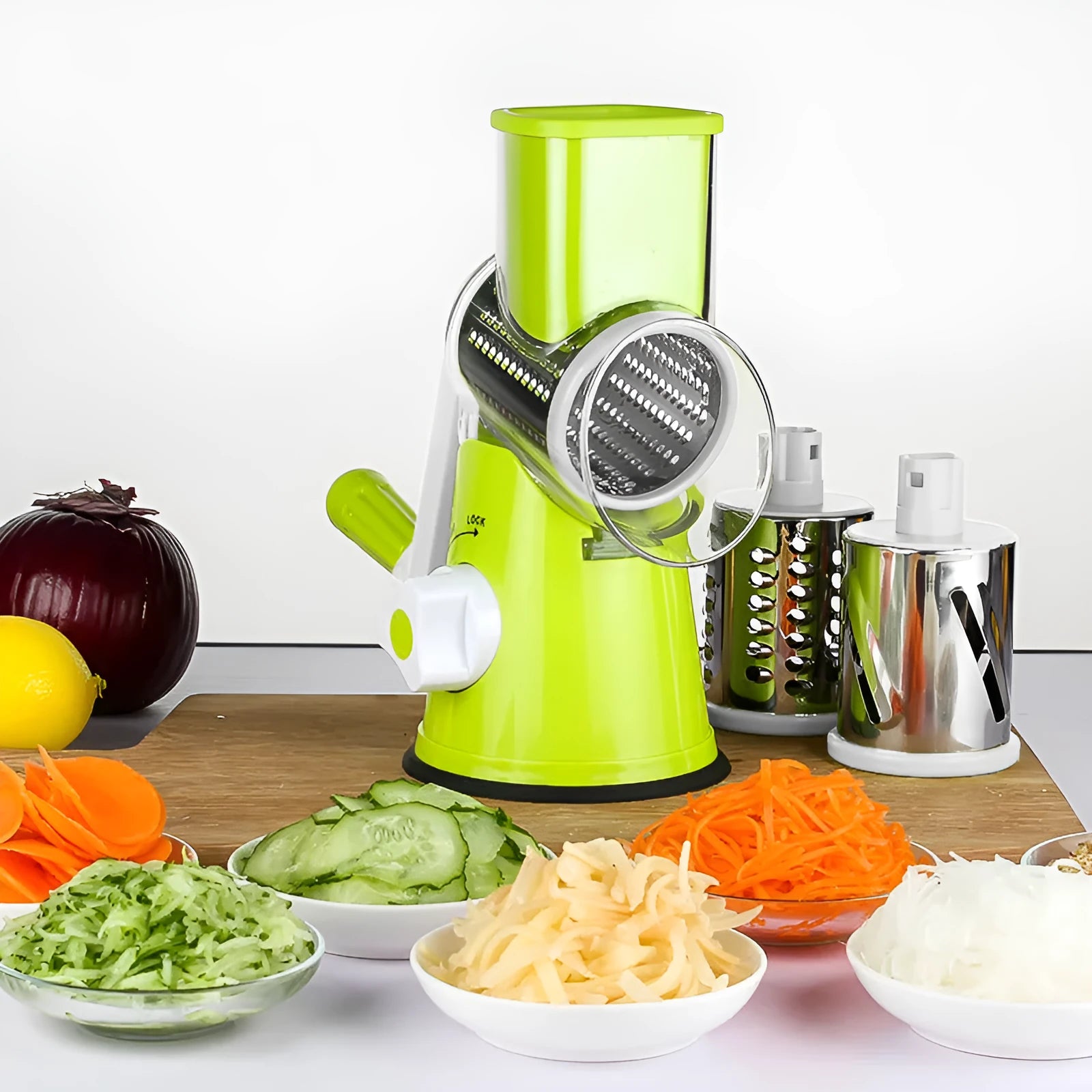 Blue multi-function kitchen vegetable chopper with suction cup base on countertop.