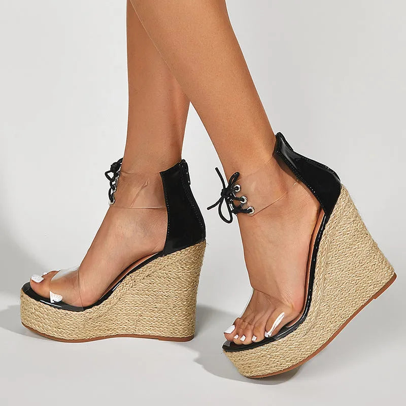 Black women's hemp rope wedge sandals with super high platform heel and front tie closure