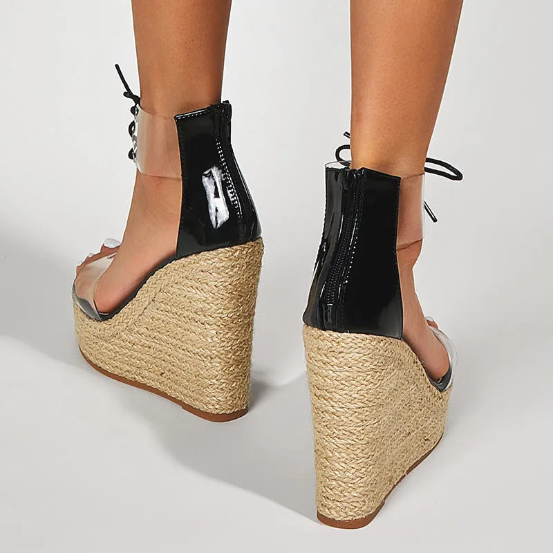 Black women's hemp rope wedge sandals with super high platform heel and front tie closure