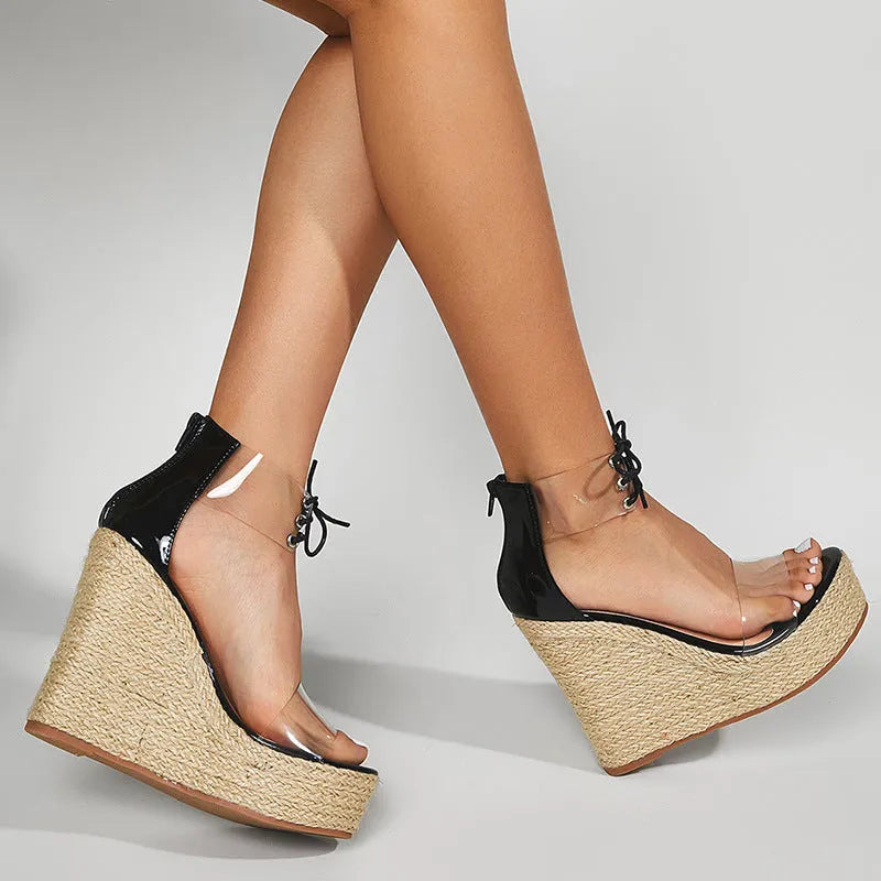 Black women's hemp rope wedge sandals with super high platform heel and front tie closure