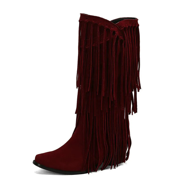 Women's beige suede high heel tassel boots with a square toe and chunky rubber sole