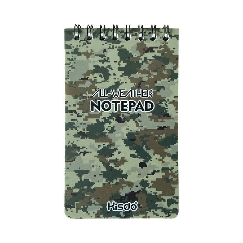 Waterproof spiral-bound notepad with polypropylene cover and stone paper pages in camouflage design