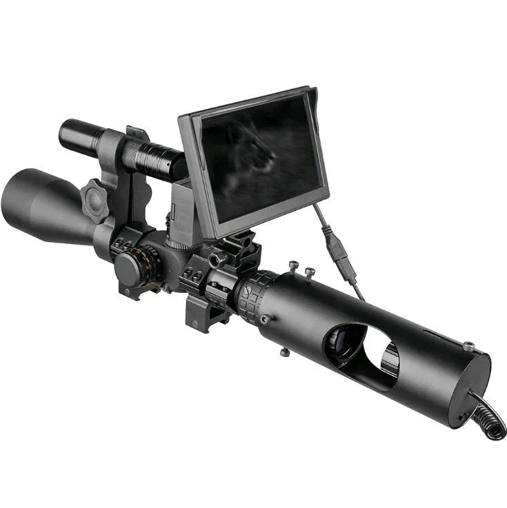Black digital night vision goggles with 5 inch LCD display and objective lenses