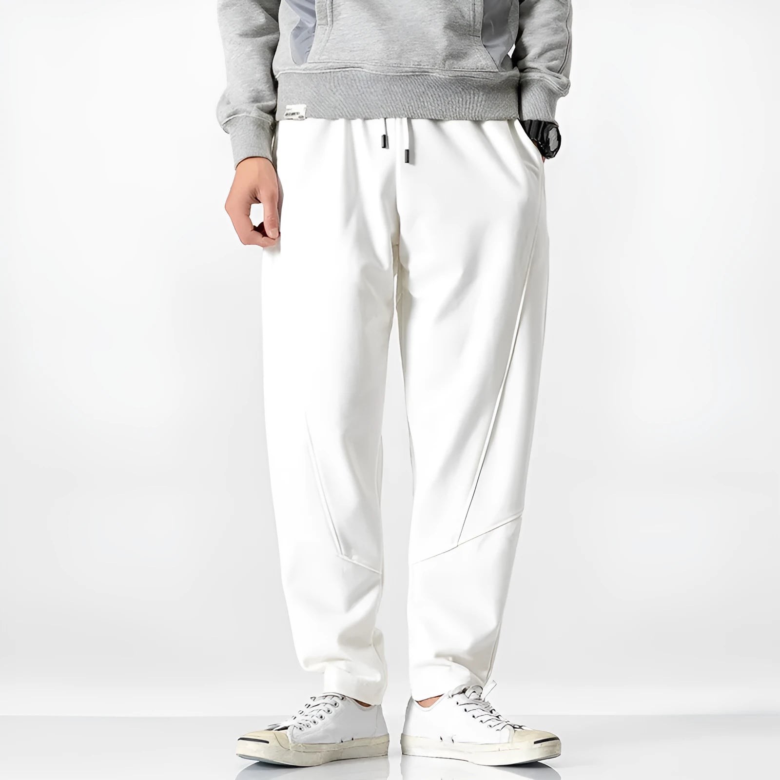 Men's cotton harem pants in slim fit drop crotch style, plain colour, drawstring waist