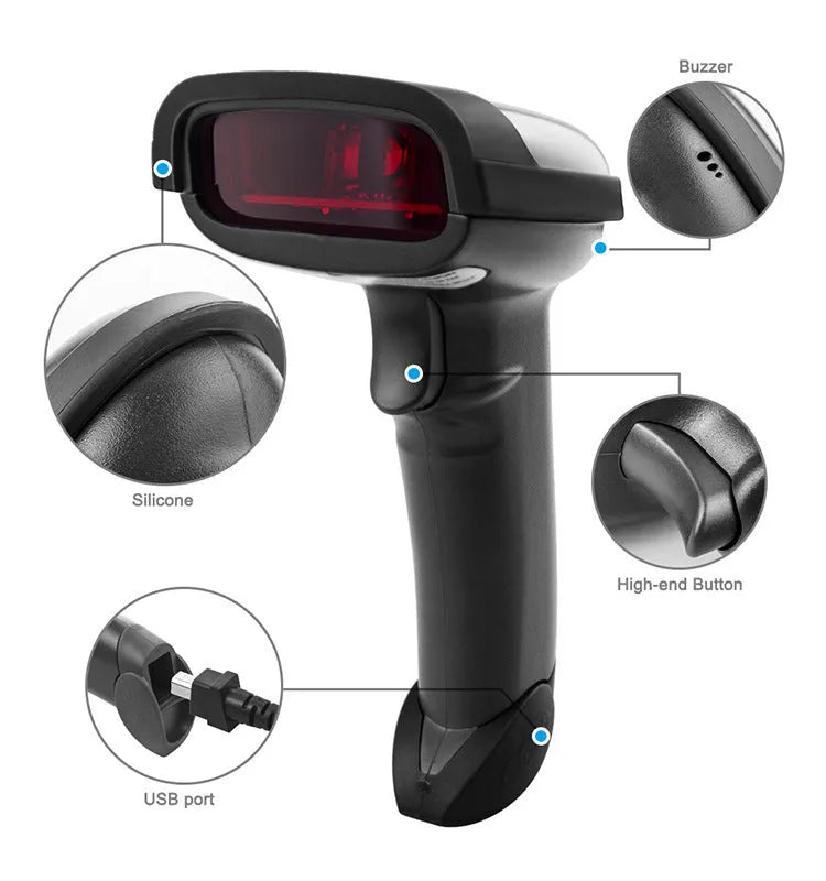 Black wireless handheld barcode scanner with USB cable for retail and warehouse use