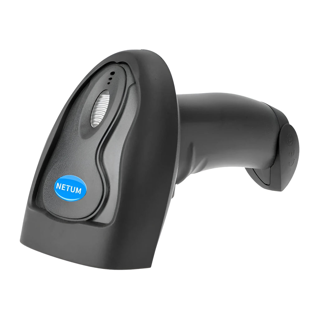 Black wireless handheld barcode scanner with USB cable for retail and warehouse use
