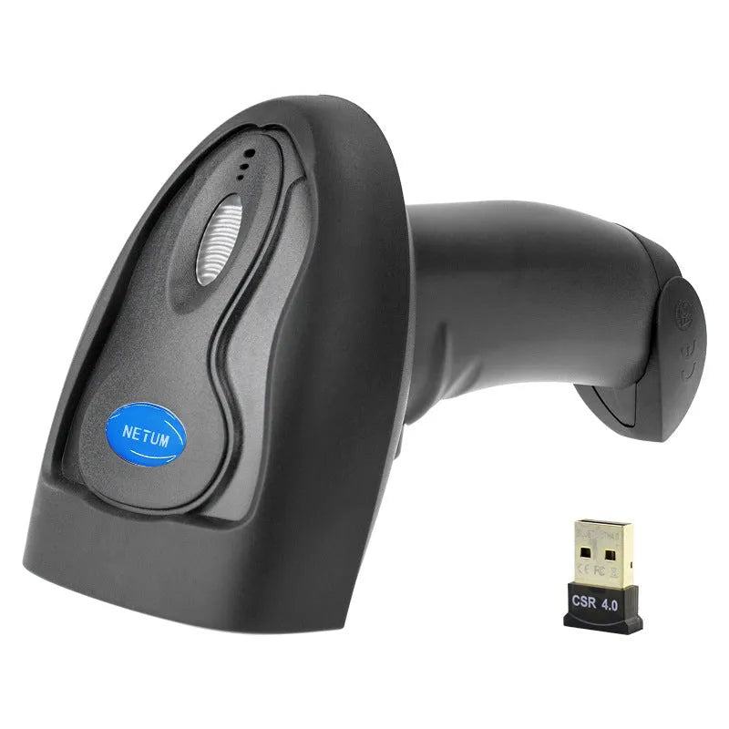 Black wireless handheld barcode scanner with USB cable for retail and warehouse use